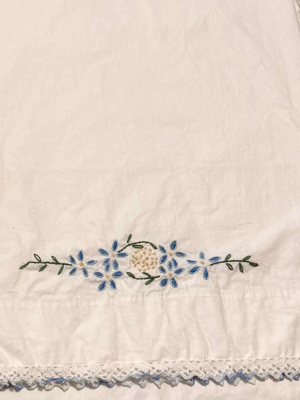 4 vintage pillowcases - embroidered floral queen size- crochet trim, cool colors